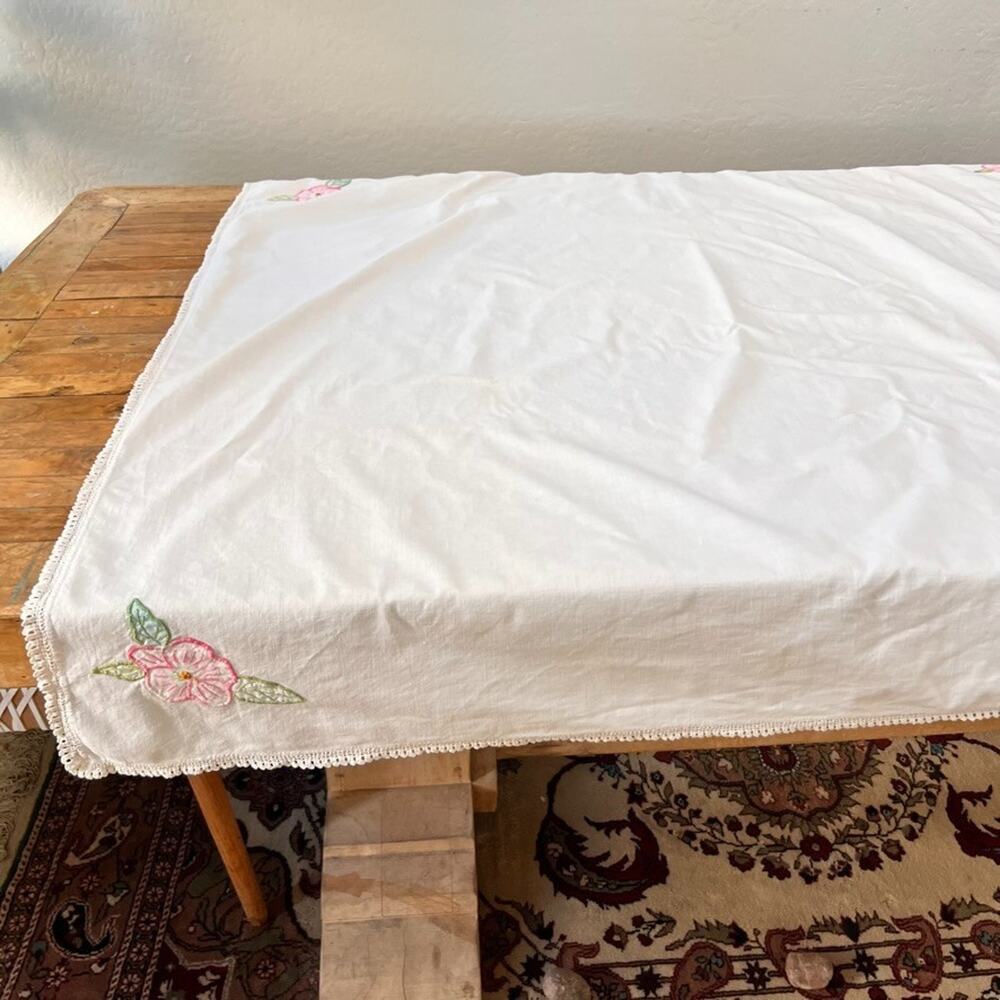 Vintage Cotton White Tablecloth 49 x 52" Pink Hand Embroidered Flowers Crochet